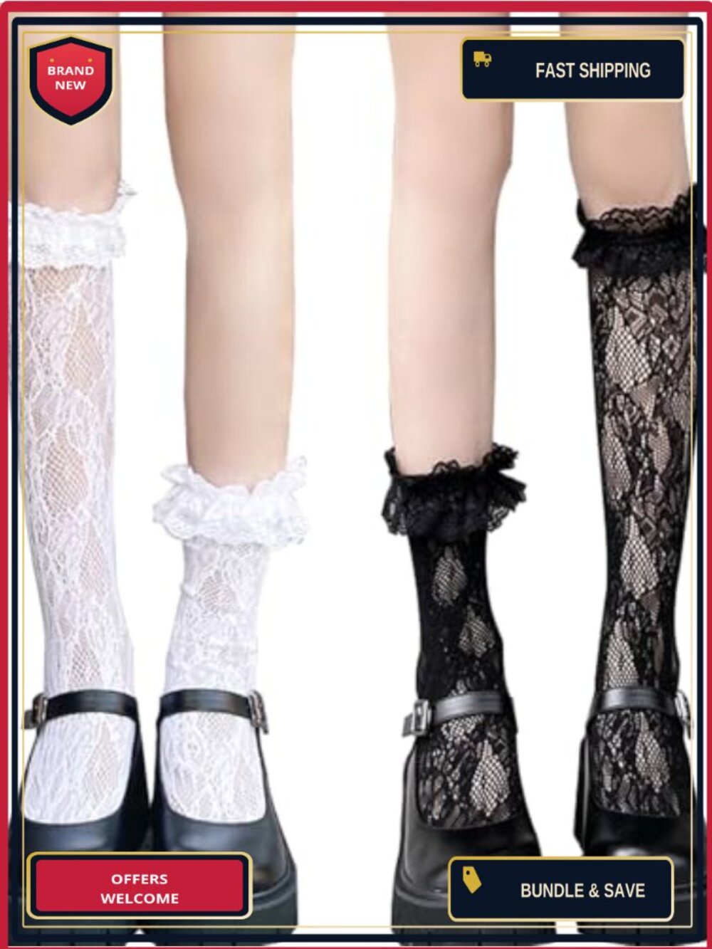Lace Ruffle Knee High Socks Bow Cotton Frilly Calf Socks